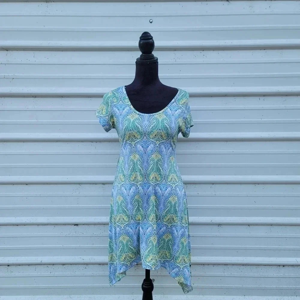 French Atmosphere Blue Green Paisley Casual Fitted Assymetric Dress Petite PS S